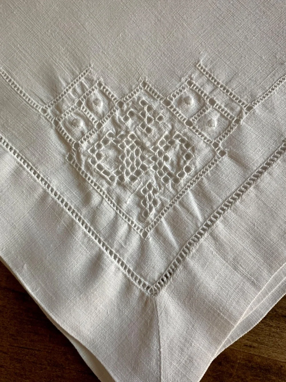 White Linen Openwork Embroidered Napkins – Set of 5 (15”) – Vintage
